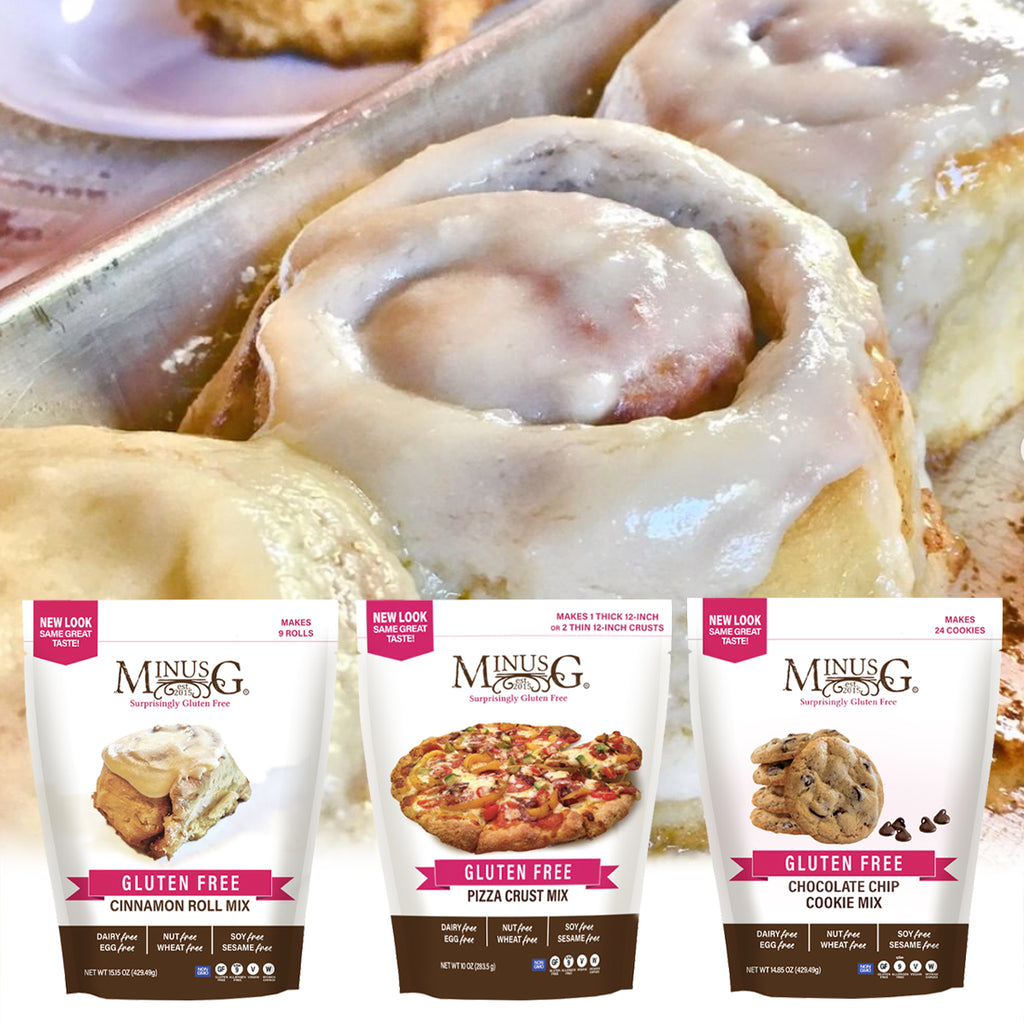 GF Cinnamon rolls, GF pizza crust, GF chocolate chip cookies