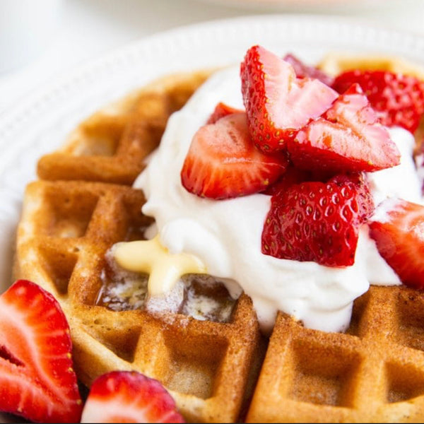 GF waffle mix perfect with strawberries. Allergy-friendly, Celiac-friendly, nut-free, dairy-free, soy-free, egg-free, gluten-free, sesame-free, and no added sugar.